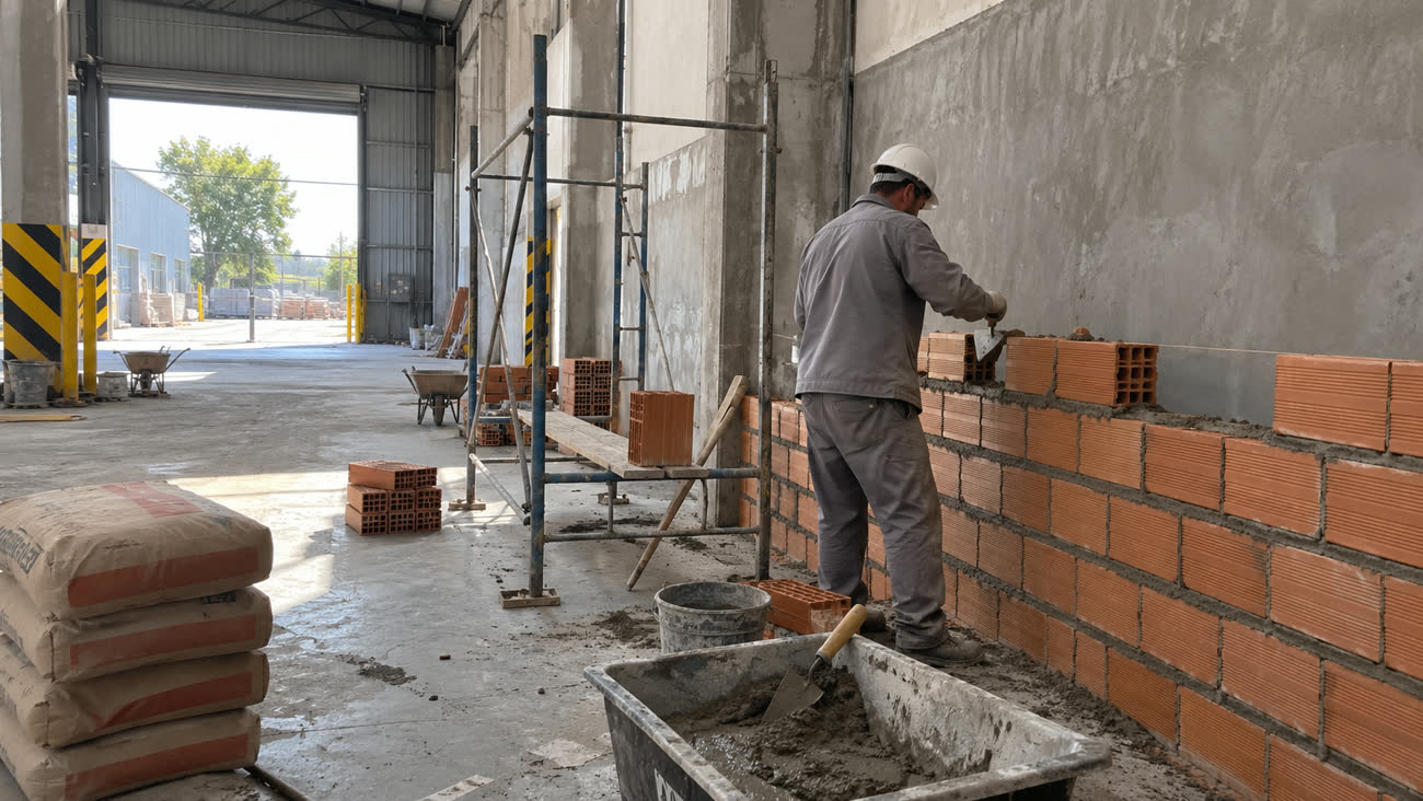 Albañil levantando una pared de ladrillo dentro de una nave
